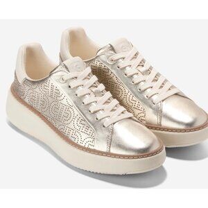 Cole Haan Women GrandPro Rally Laser Cut Sneakers Gold Metallic Leather 7.5 New
